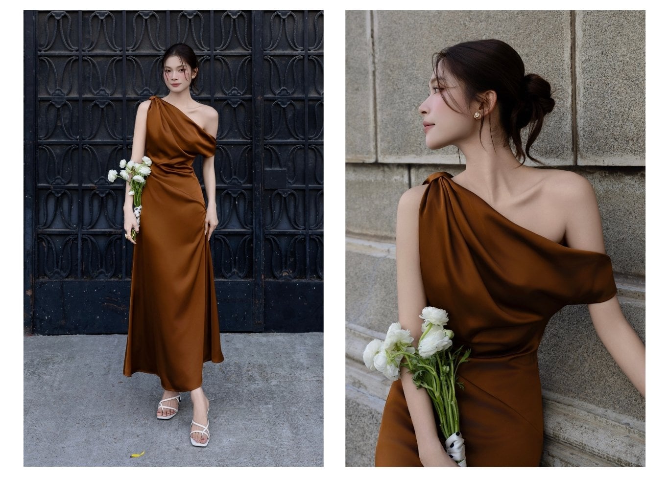 Đầm xòe dạo phố lụa dài cổ xéo DAA42B - Ảnh lookbook