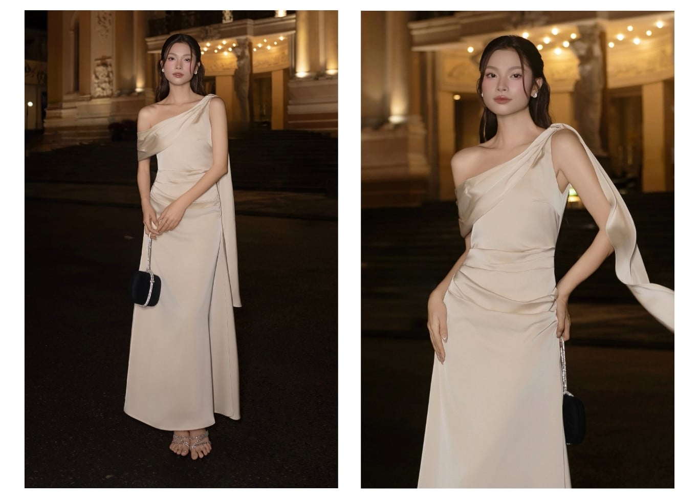 Đầm lụa tiệc dài lệch vai đuôi cá D4565B - Ảnh lookbook