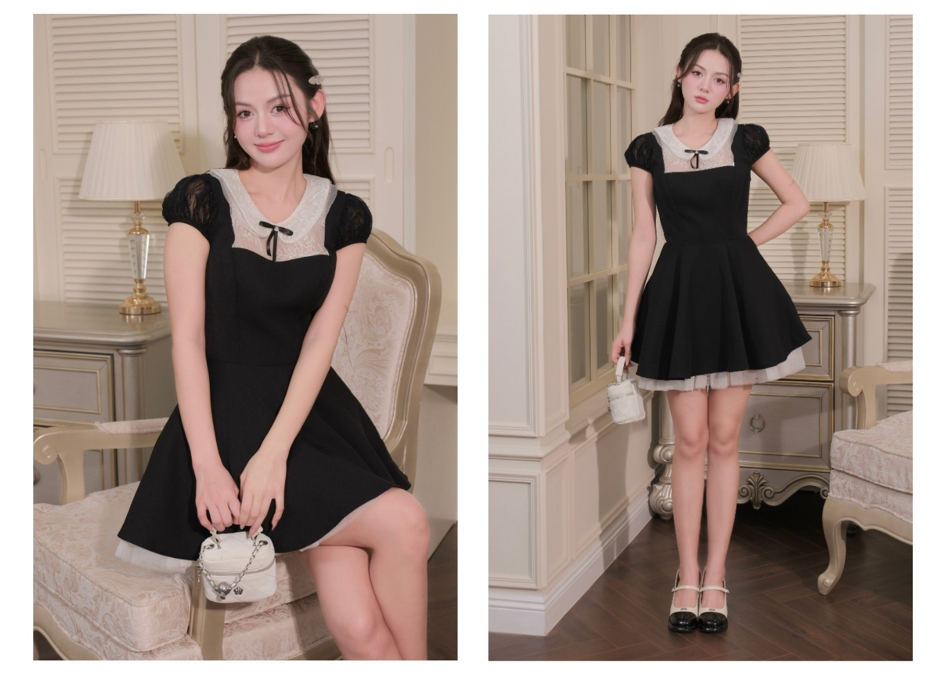 Đầm xòe tiệc ngắn cổ sen tay ngắn D4547A - Ảnh lookbook