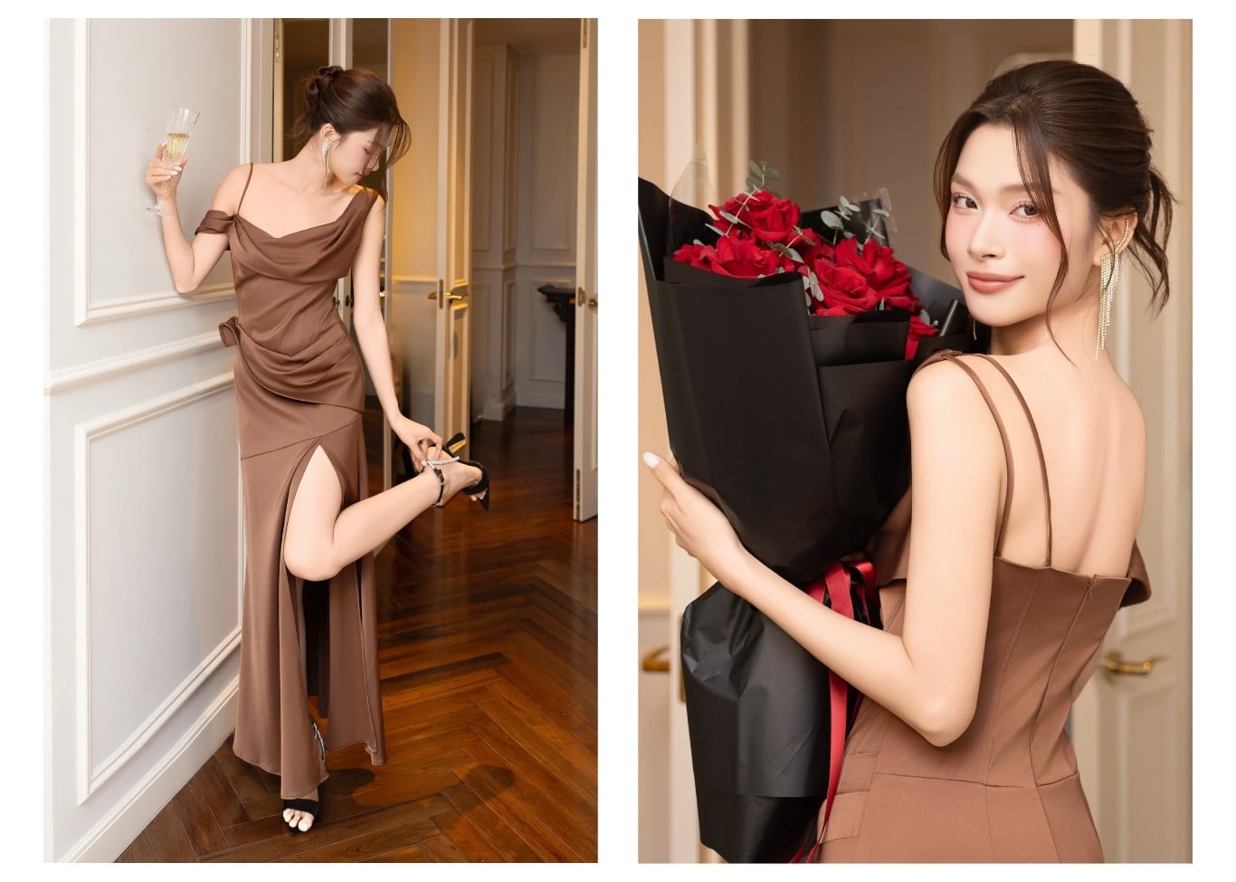 Đầm trễ vai tiệc lụa dài xẻ tà D4530B - Ảnh lookbook