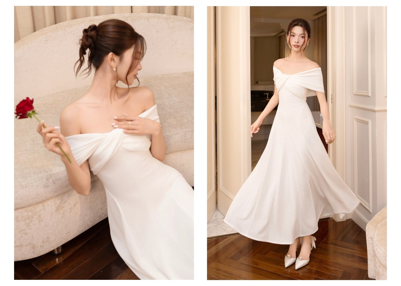 Đầm trễ vai tiệc dài xoắn ngực D4535B - Ảnh lookbook