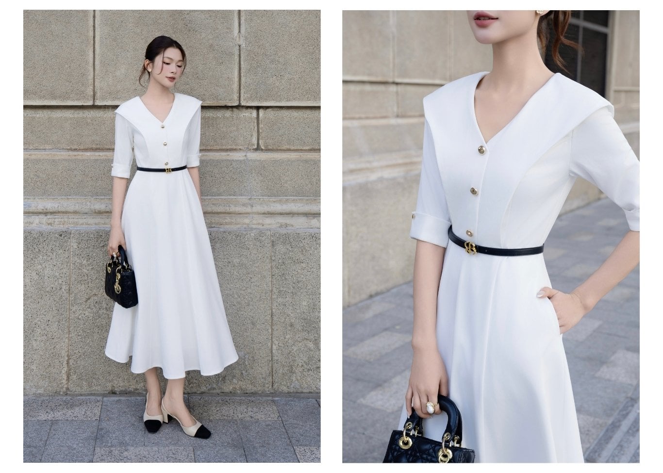 Đầm xòe công sở cotton dài cổ V DAA21B - Ảnh lookbook