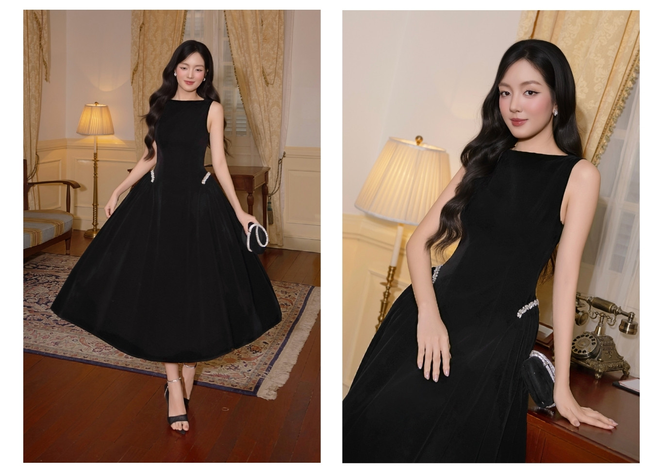 Đầm xòe tiệc nhung dài kết dây đá D4591A - Ảnh lookbook