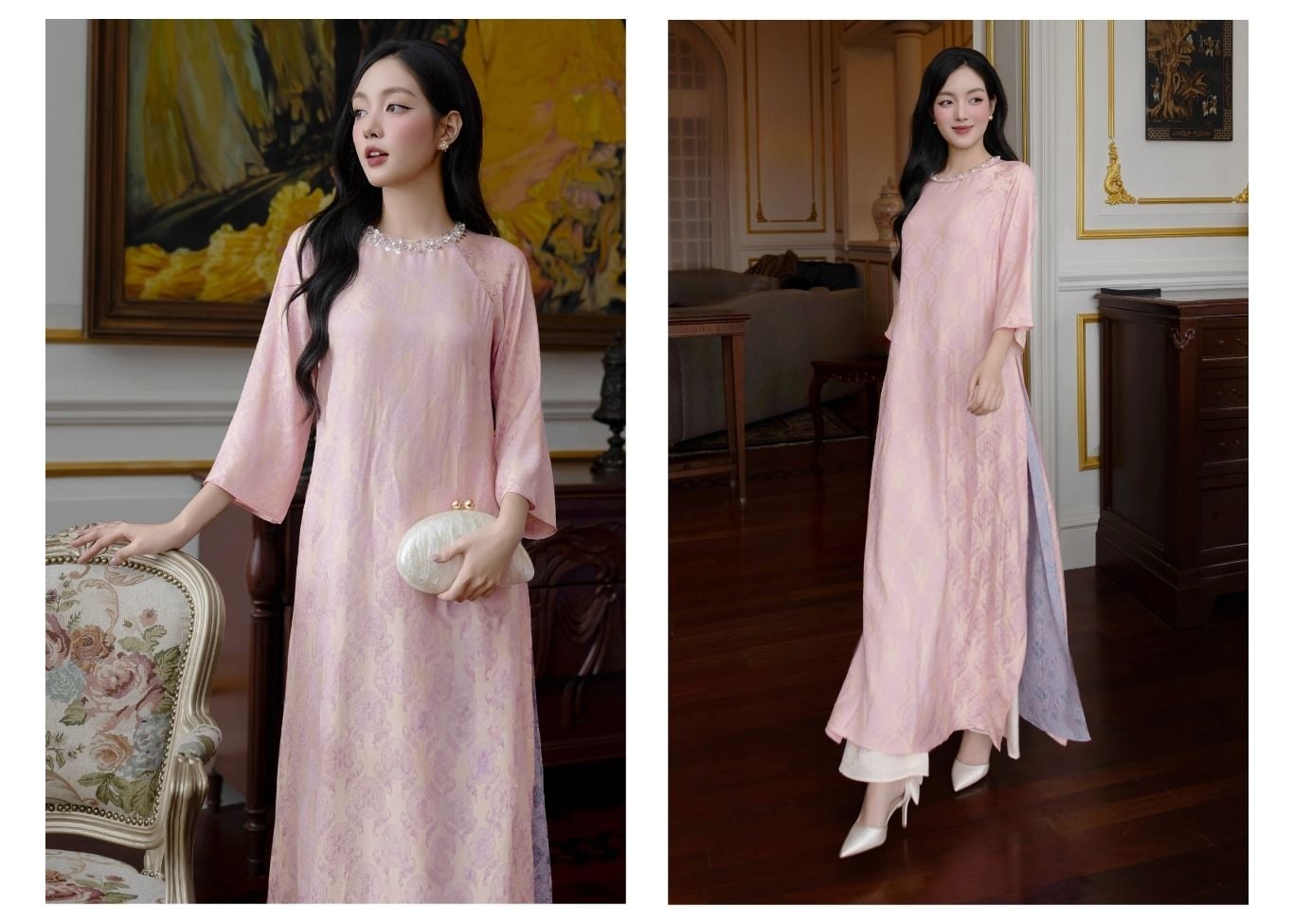 Set áo dài gấm cổ viền dây kim sa K4584T - Ảnh lookbook