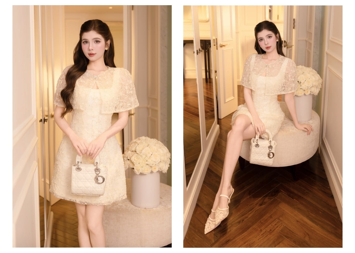 Set tiệc 2 dây cổ vuông phối ren K4577D - Ảnh lookbook