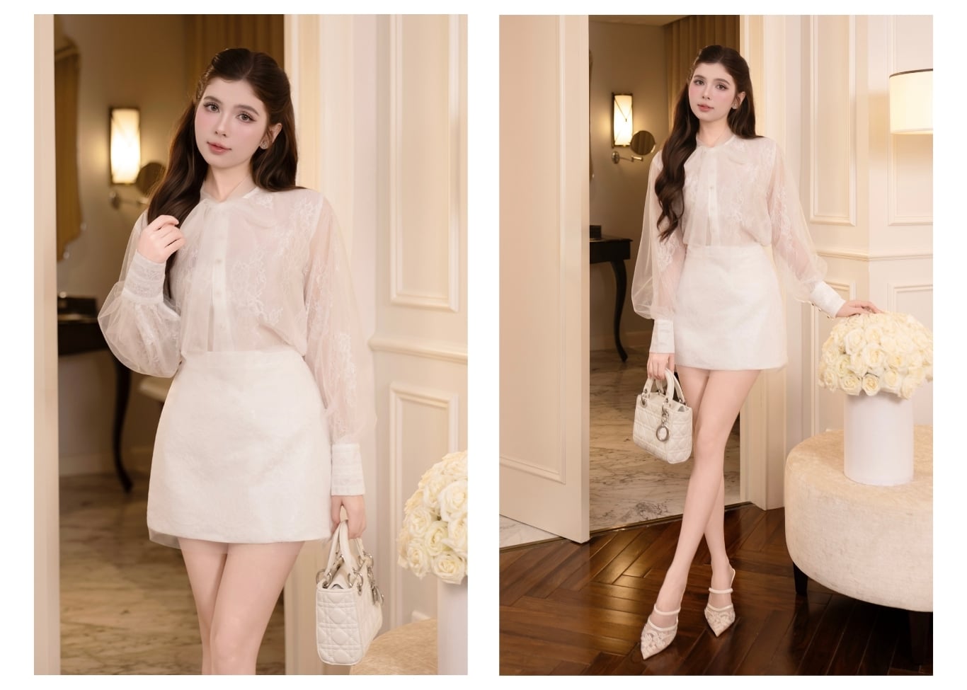 Set tiệc ren ngắn cổ nơ tay dài K4541T - Ảnh lookbook