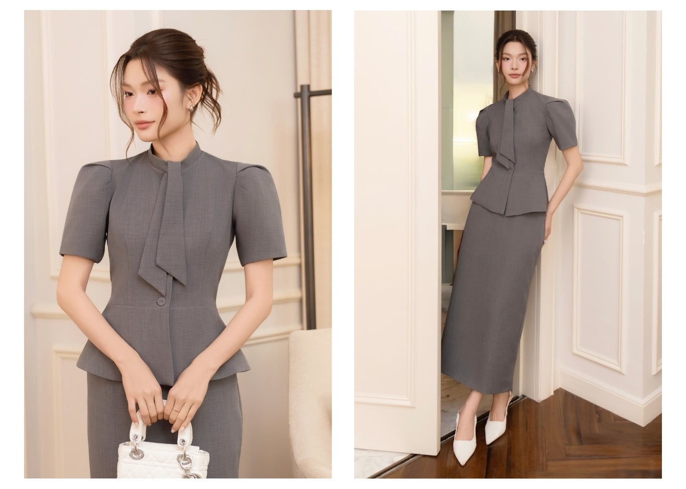 Áo kiểu công sở peplum lá cổ dài A4536A - Ảnh lookbook