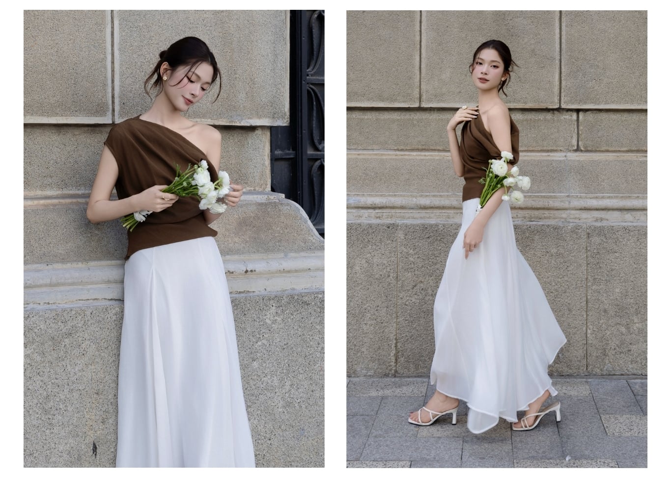 Áo kiểu dạo phố cotton xoắn vai AAA45T - Ảnh lookbook