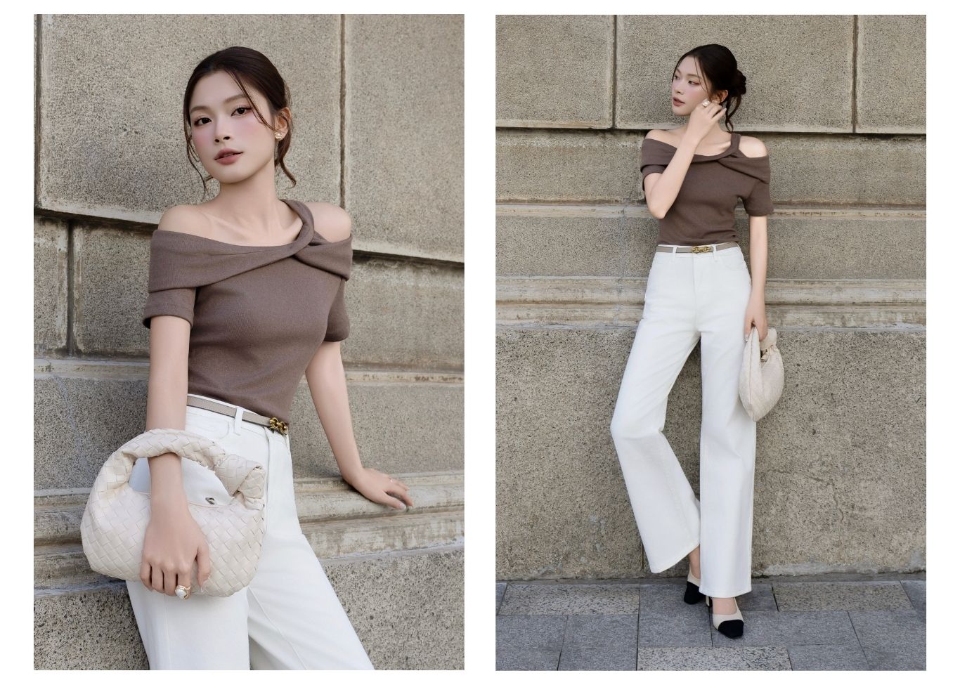 Áo kiểu dạo phố thun gân trễ vai AAA43B - Ảnh lookbook