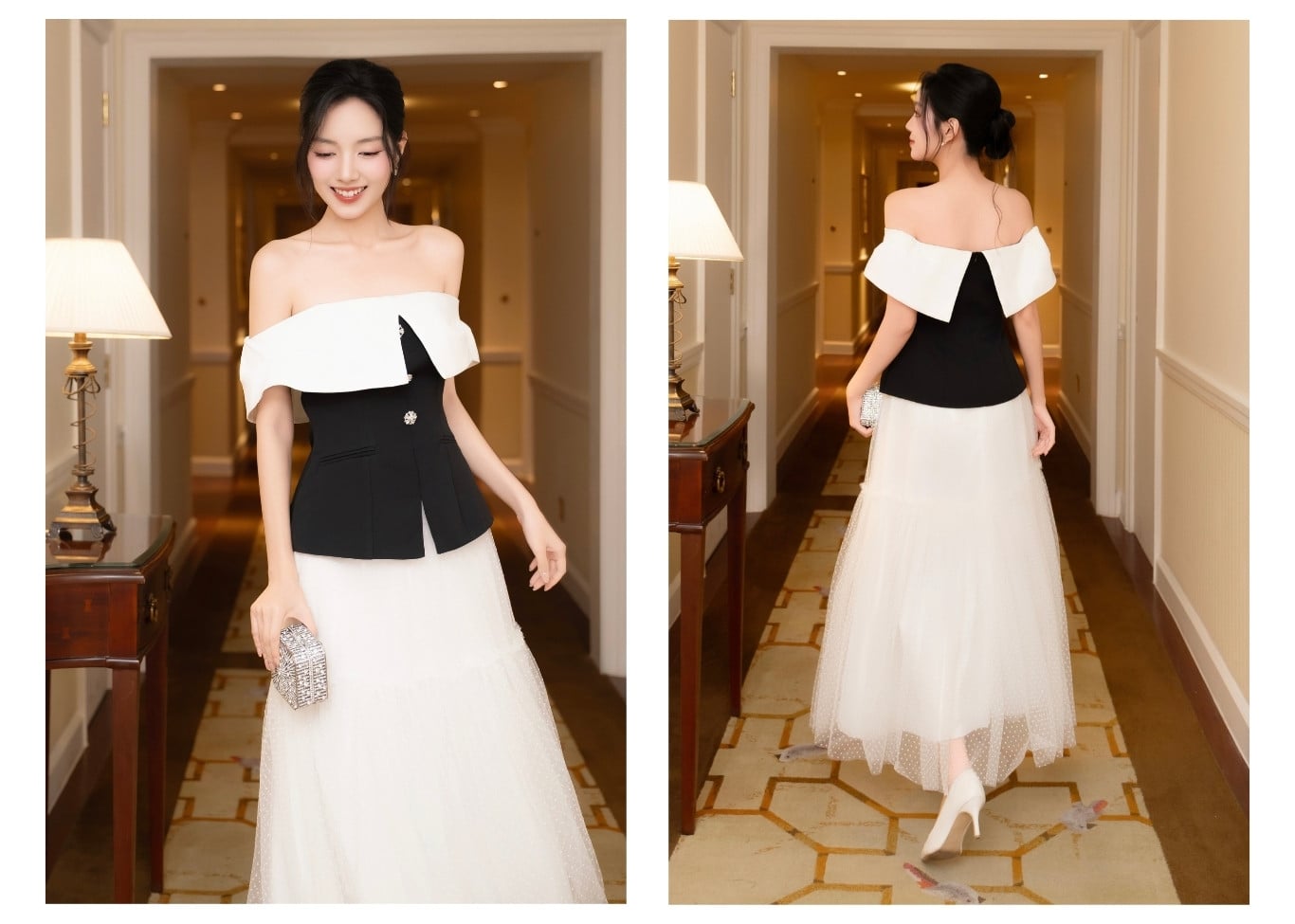 Áo kiểu trễ vai phối vạt trắng A4024A - Ảnh lookbook