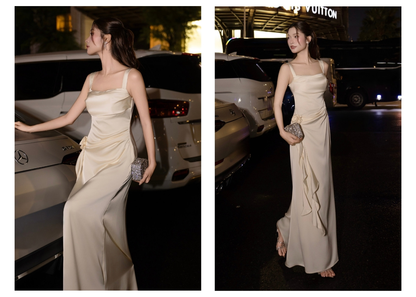 Đầm 2 dây tiệc lụa dài kết hoa 3D D4575A - Ảnh lookbook