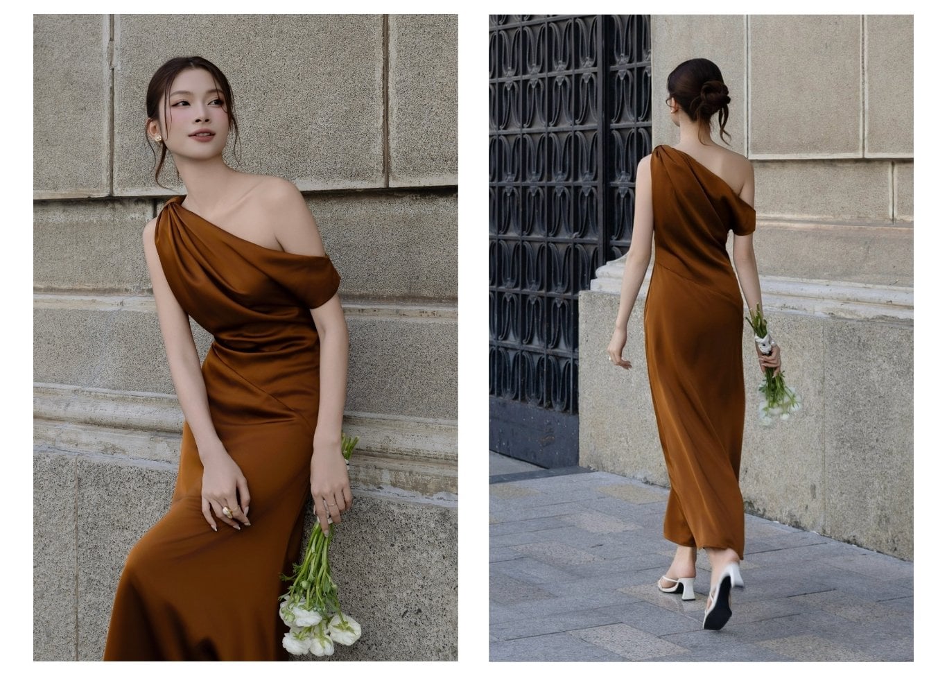 Đầm xòe dạo phố lụa dài cổ xéo DAA42B - Ảnh lookbook