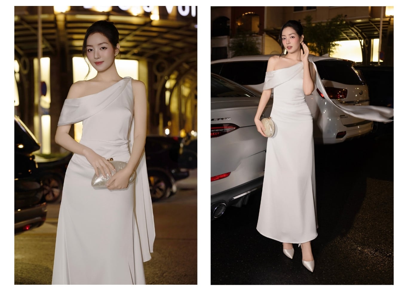 Đầm lụa tiệc dài lệch vai đuôi cá D4565B - Ảnh lookbook