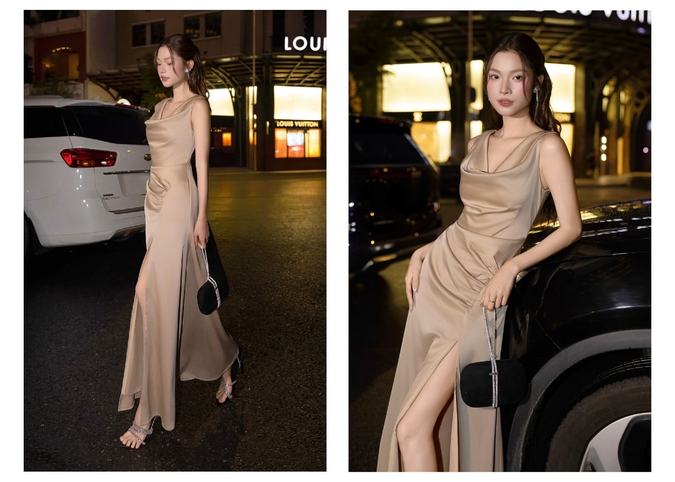 Đầm tiệc lụa dài cổ đổ đuôi cá D4560B - Ảnh lookbook