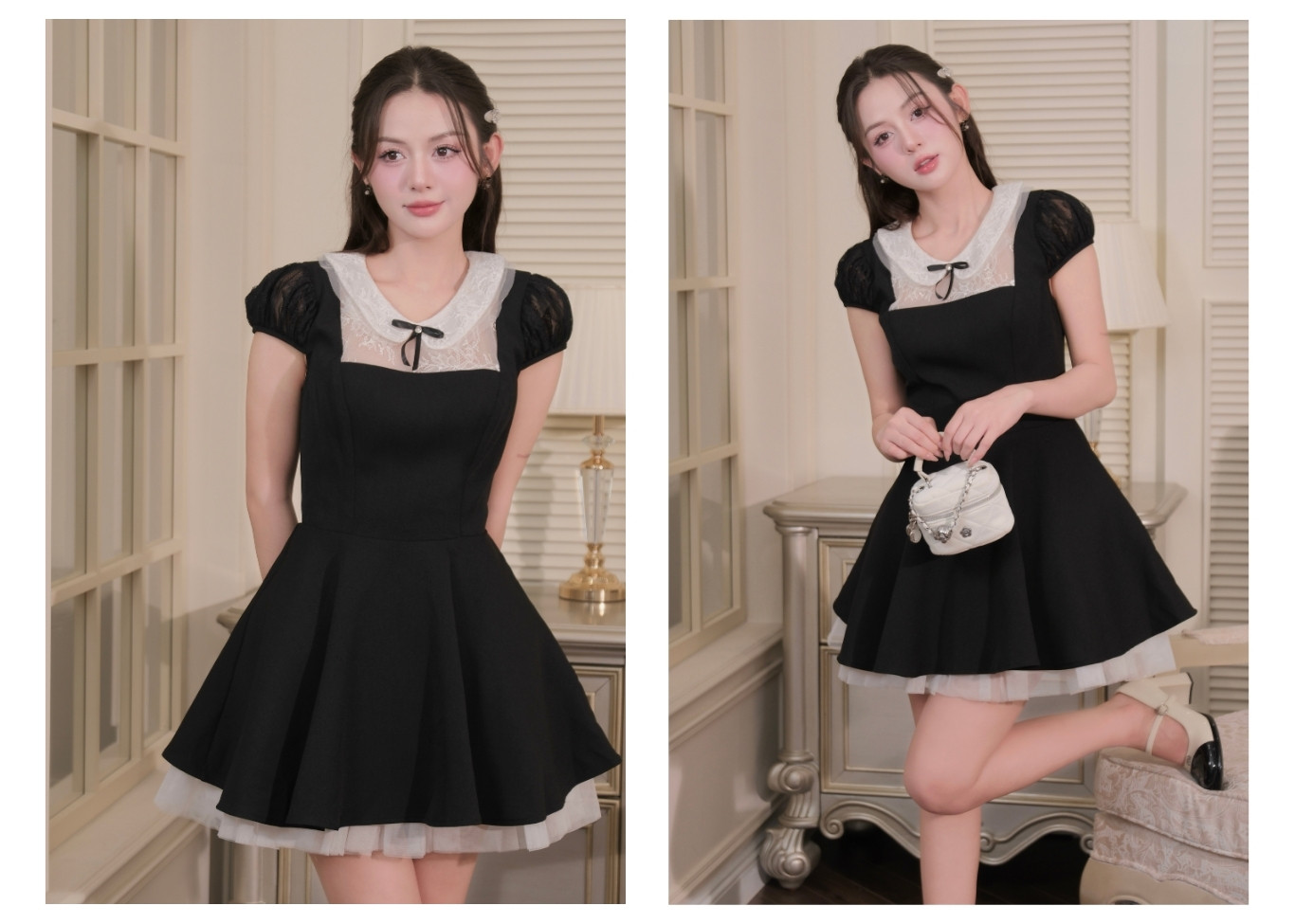 Đầm xòe tiệc ngắn cổ sen tay ngắn D4547A - Ảnh lookbook