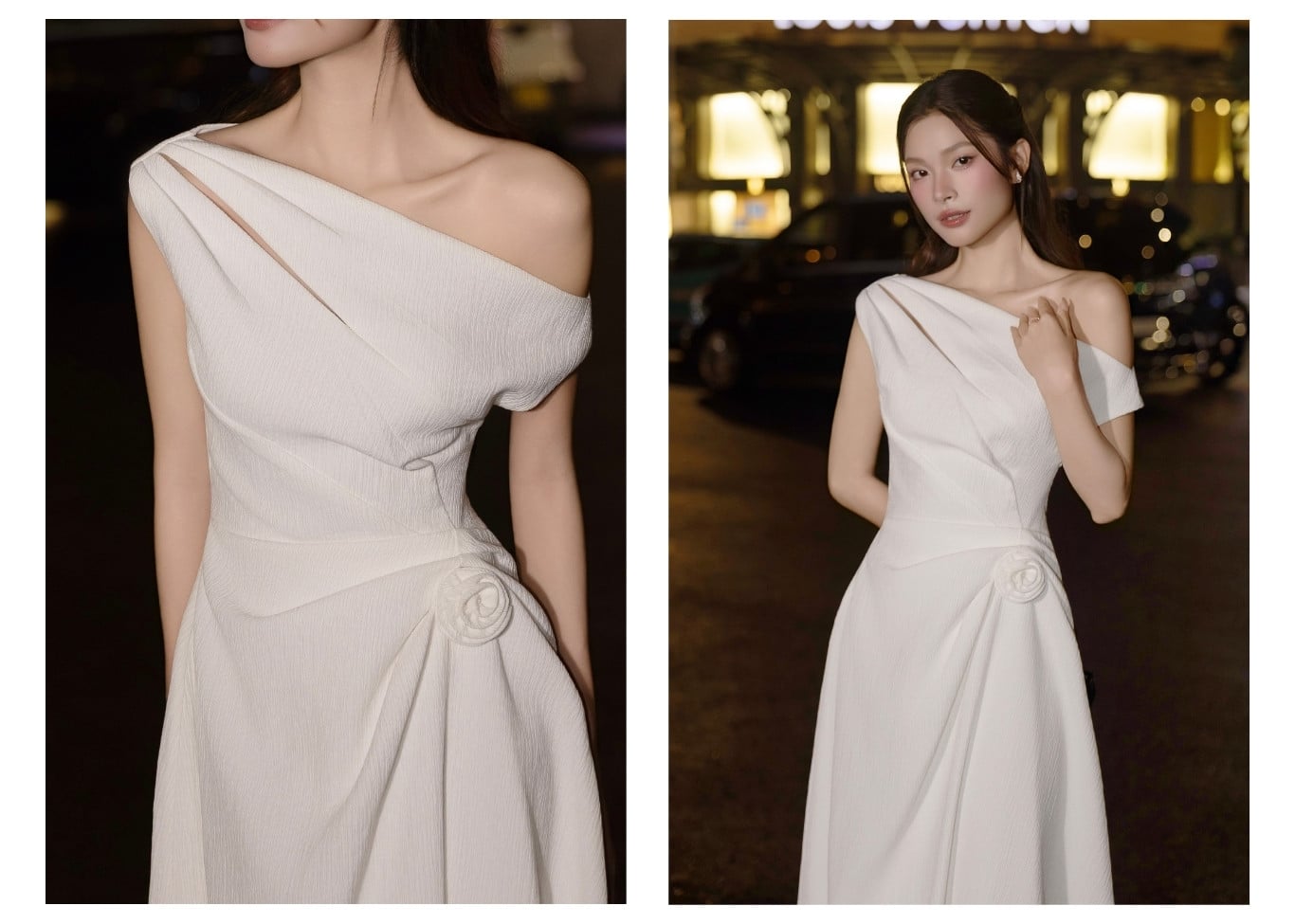 Đầm xòe tiệc dài trễ vai kết hoa D4564B - Ảnh lookbook