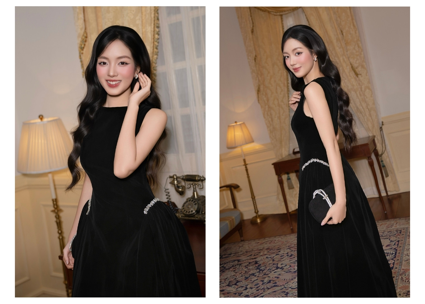 Đầm xòe tiệc nhung dài kết dây đá D4591A - Ảnh lookbook