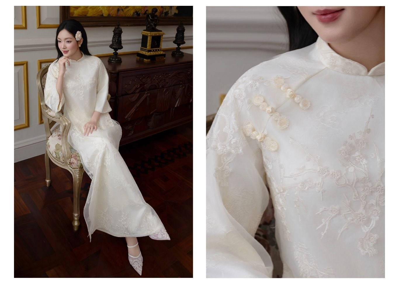 Set áo dài voan tơ thêu hoa 4 tà K4597V - Ảnh lookbook