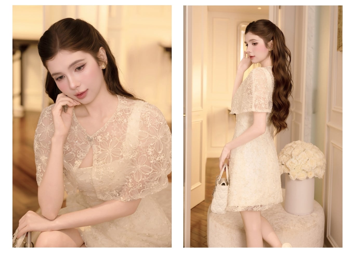 Set tiệc 2 dây cổ vuông phối ren K4577D - Ảnh lookbook