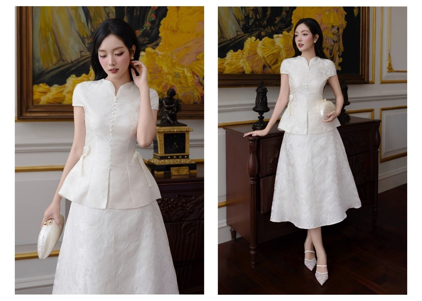 Set tiệc gấm hoa lan váy dáng xòe K4594T - Ảnh lookbook