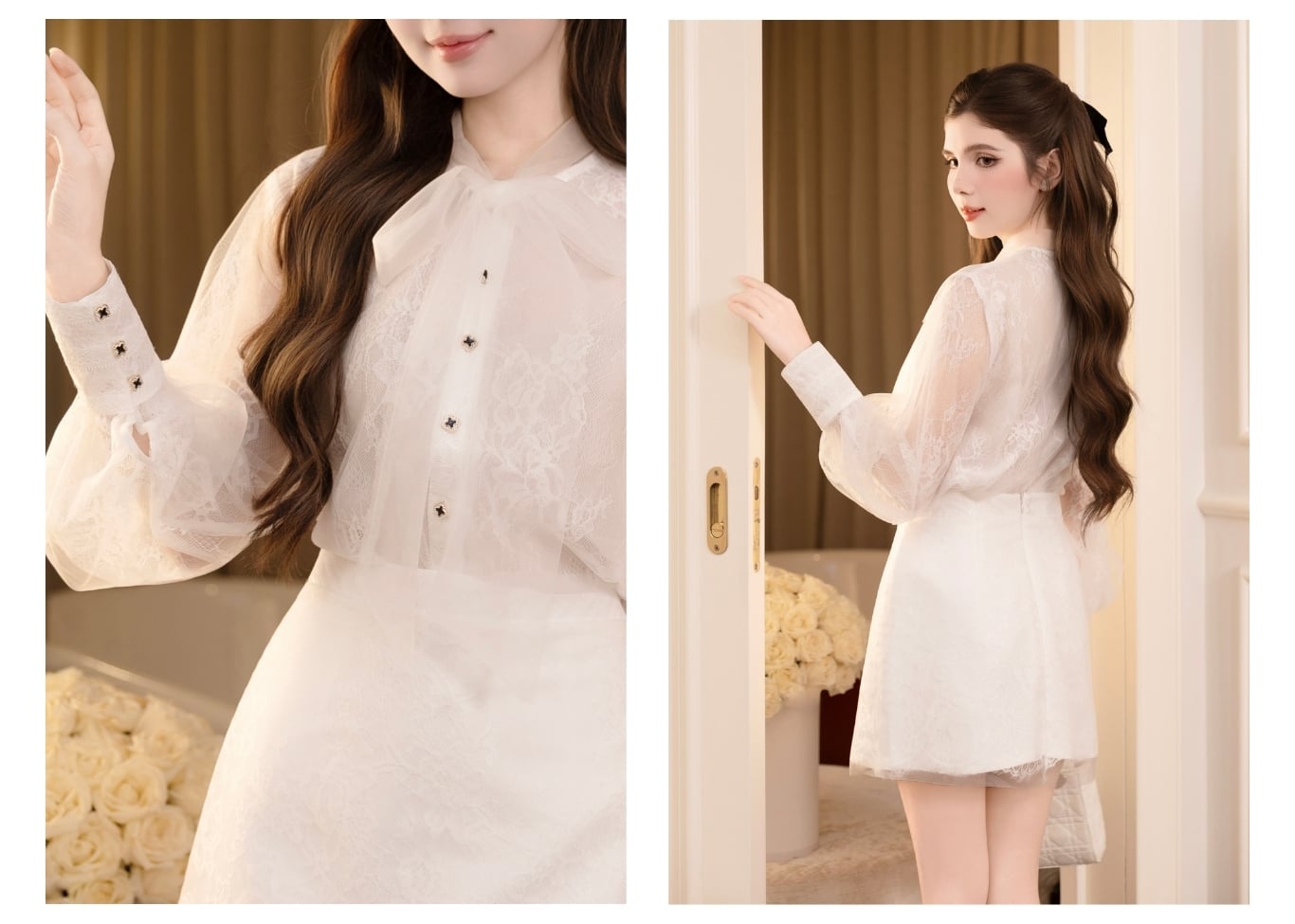 Set tiệc ren ngắn cổ nơ tay dài K4541T - Ảnh lookbook