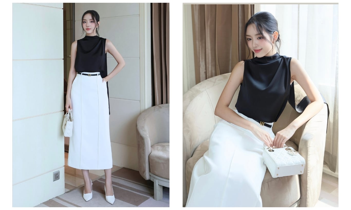 Áo kiểu lụa cổ tròn tà xéo A4308B - Ảnh lookbook