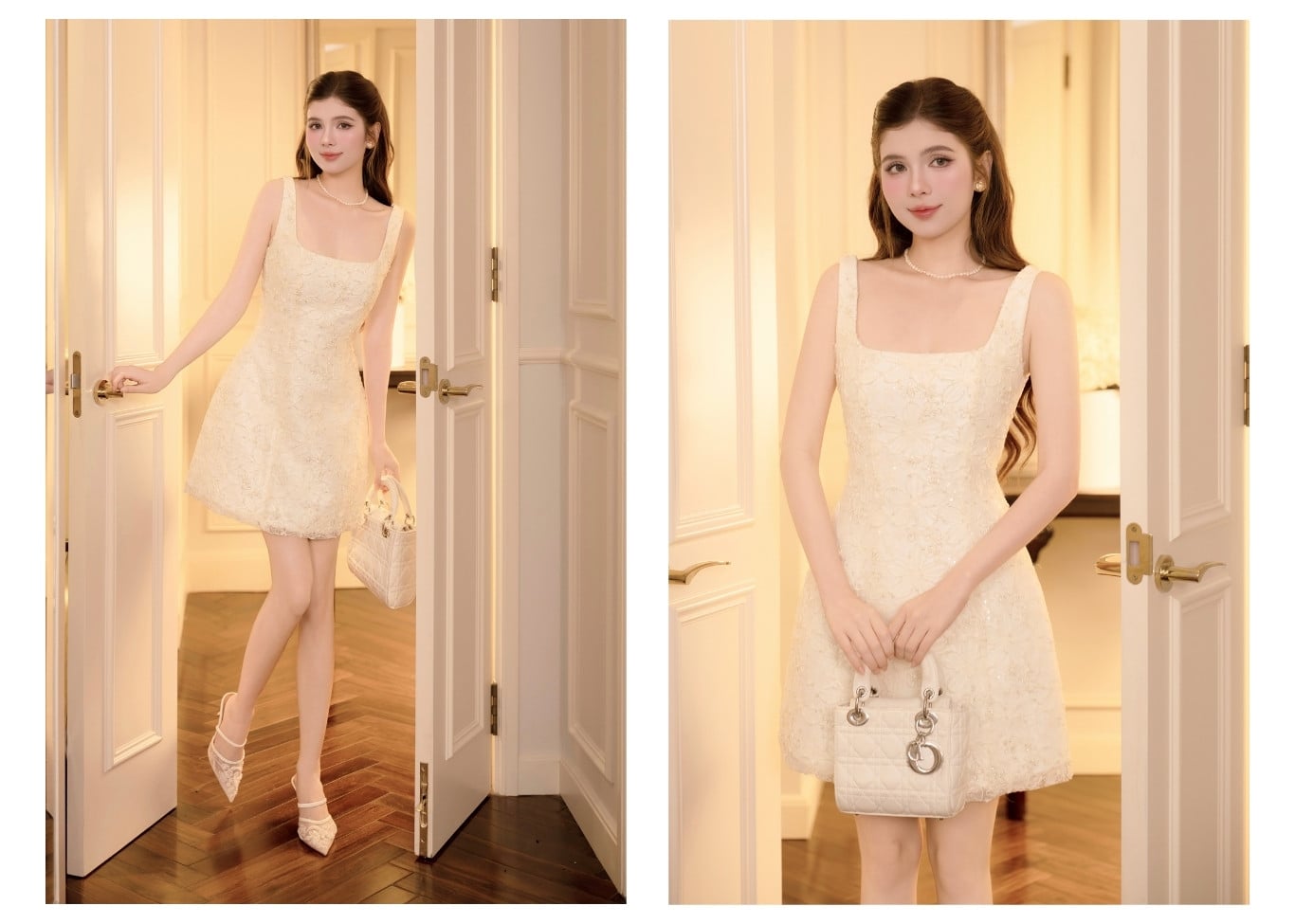 Set tiệc 2 dây cổ vuông phối ren K4577D - Ảnh lookbook