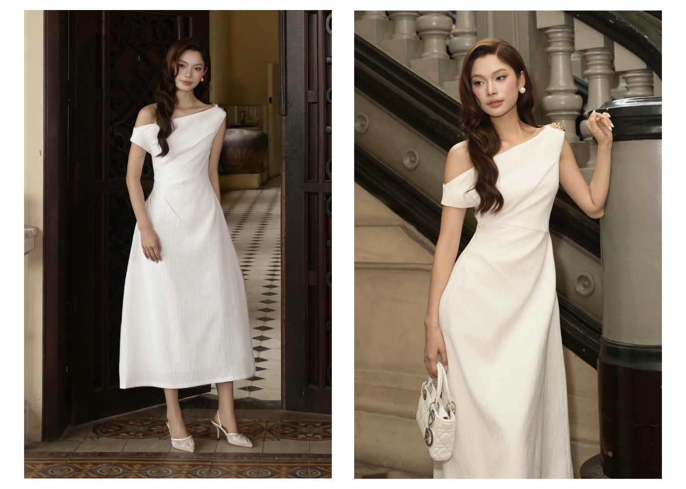 Đầm Xòe Tiệc Cotton Dài Cổ Xéo - DAH02B
