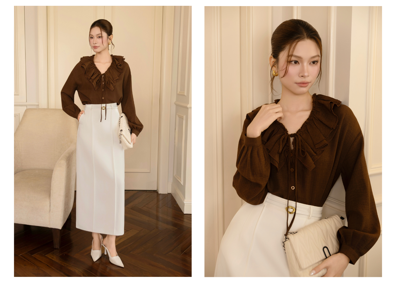 Áo kiểu công sở Linen cổ V phối bèo, tay dài AAF24T