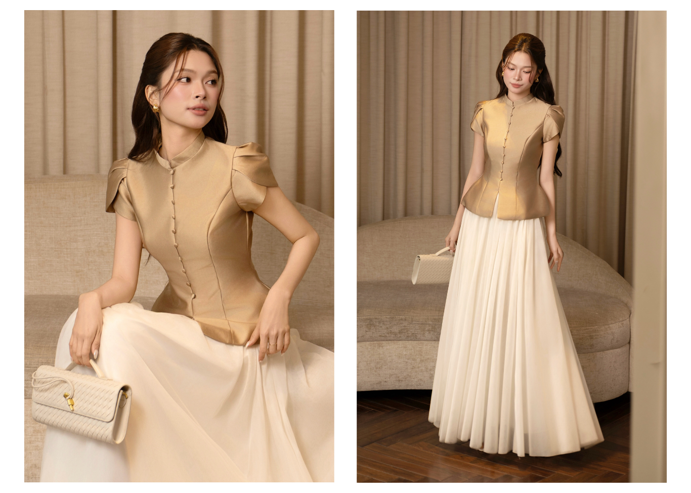Áo kiểu tiệc Tafta cổ trụ, áo peplum, tay tulip AAF05T