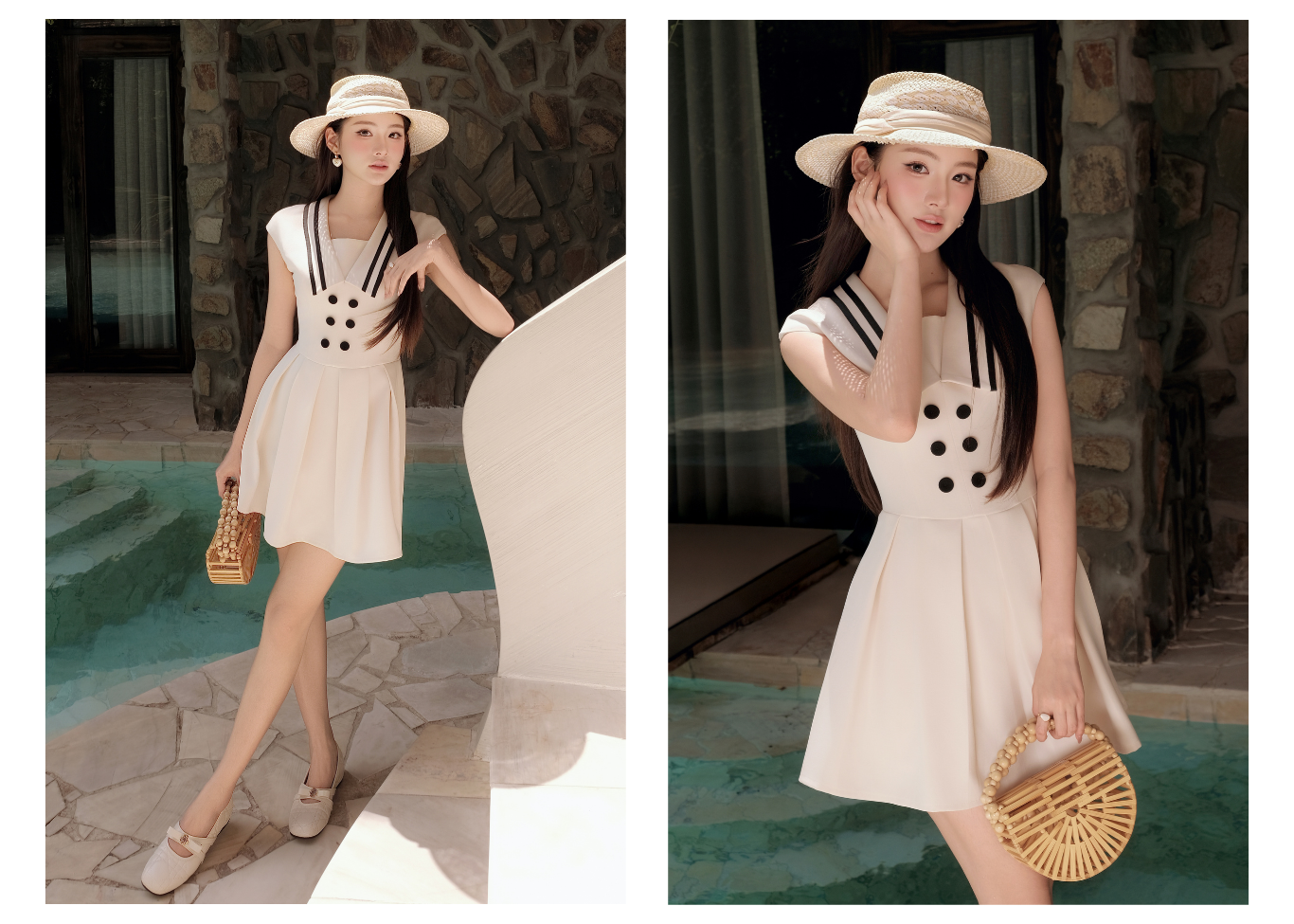 Đầm xòe dạo phố cotton ngắn cổ v DAE76B