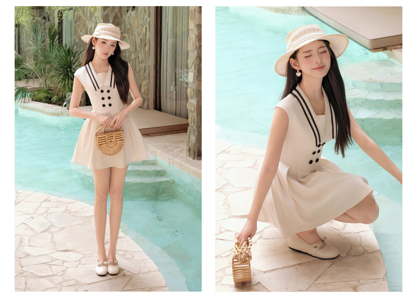 Đầm xòe dạo phố cotton ngắn cổ v DAE76B