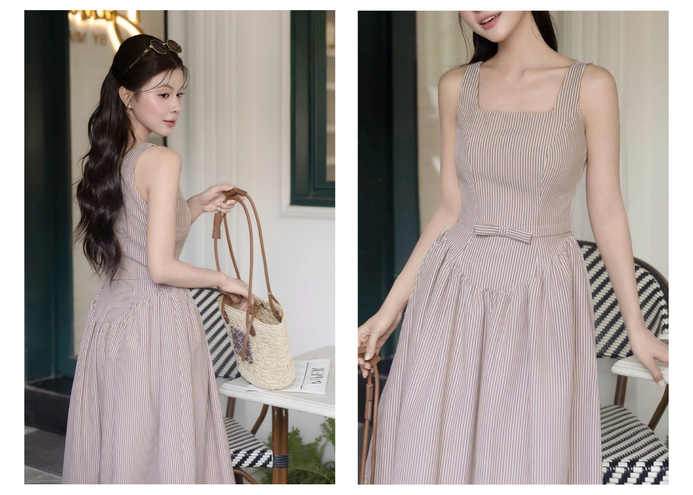 Đầm 2 dây dạo phố Linen dài sọc, cổ vuông DAF43A
