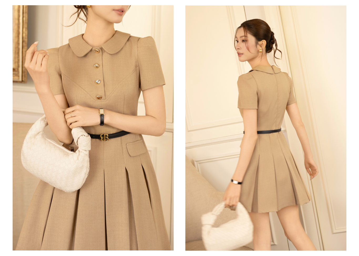 Đầm xòe công sở cotton ngắn dáng A, cổ sen, tay ngắn DAF22A