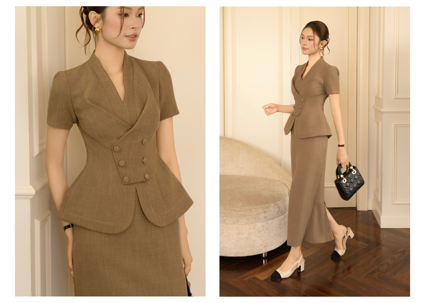 Áo kiểu công sở cotton chéo peplum, cổ V - AAF25B