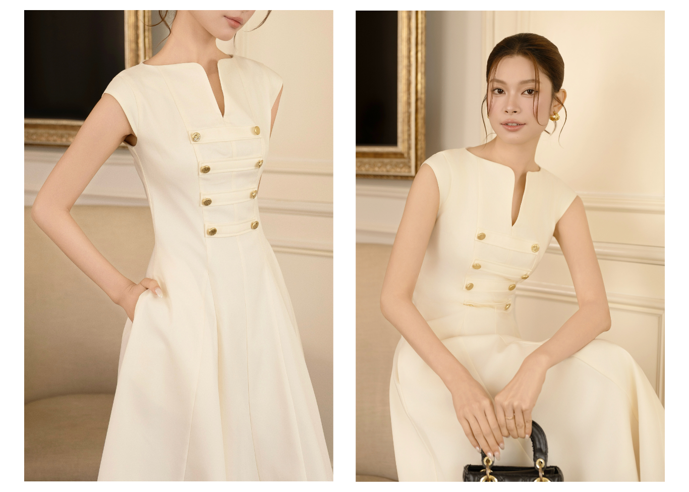 Đầm xòe công sở cotton dài dáng A xoè, cổ thuyền V DAF23B