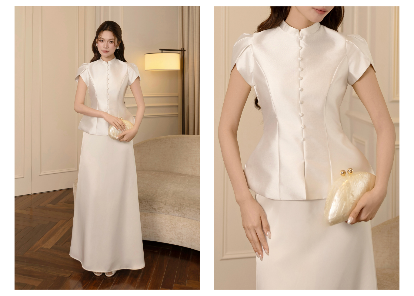 Áo kiểu tiệc Tafta cổ trụ, áo peplum, tay tulip AAF05T