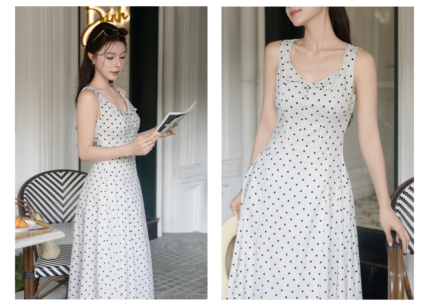 Đầm 2 dây dạo phố Linen xoè, cổ tim viền ren DAF41B