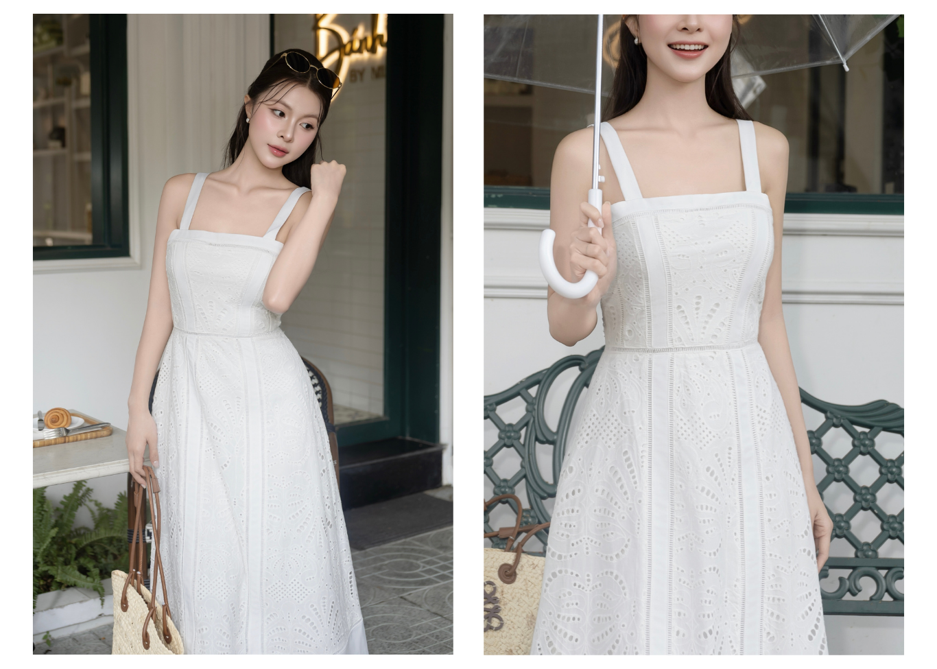 Đầm 2 dây dạo phố ren cotton xòe, cổ vuông DAF42T