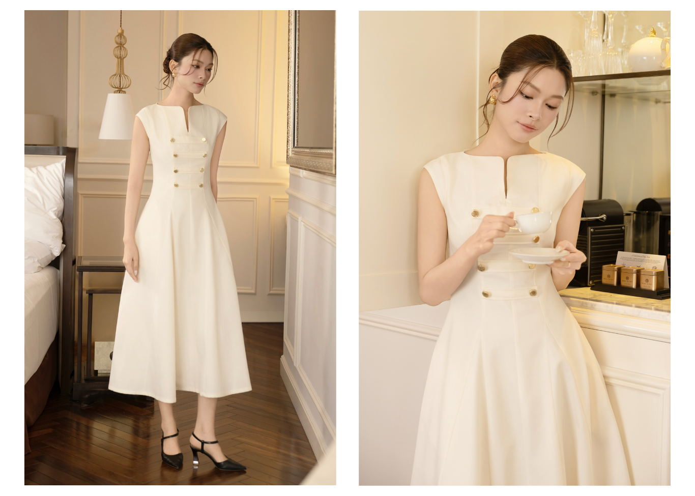 Đầm xòe công sở cotton dài dáng A xoè, cổ thuyền V DAF23B