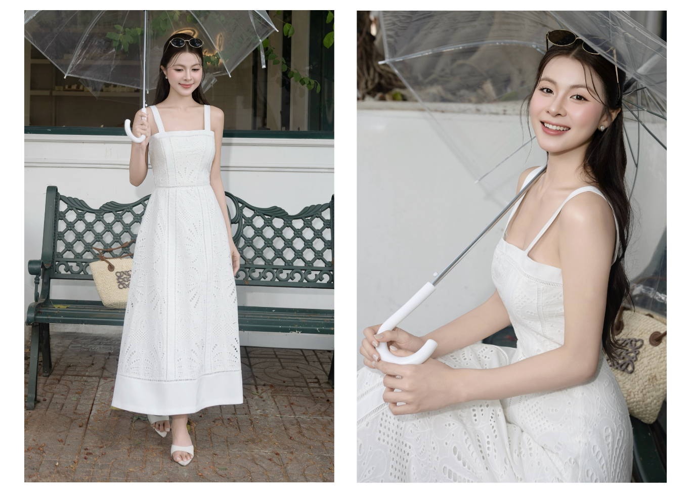 Đầm 2 dây dạo phố ren cotton xòe, cổ vuông DAF42T
