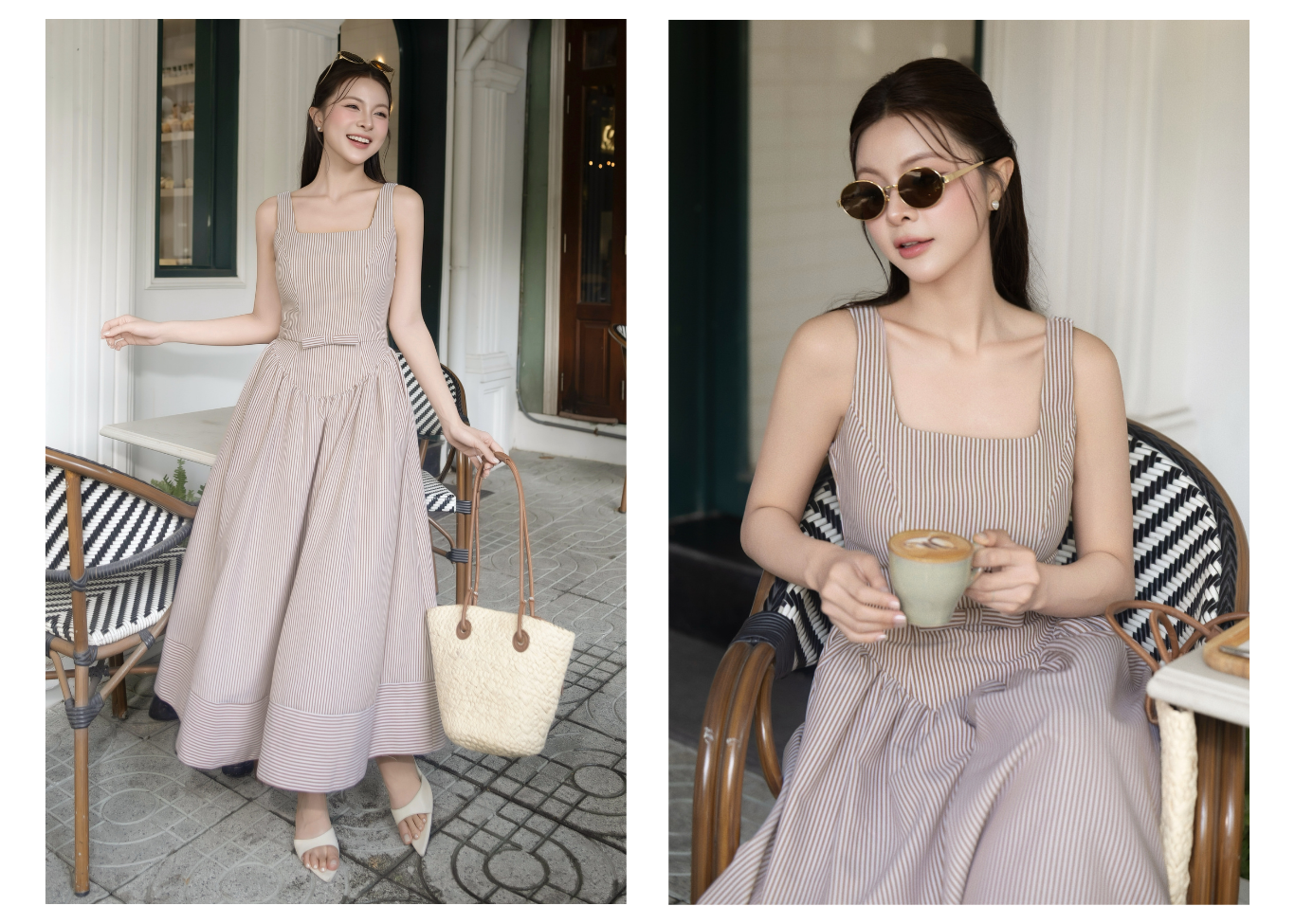Đầm 2 dây dạo phố Linen dài sọc, cổ vuông DAF43A