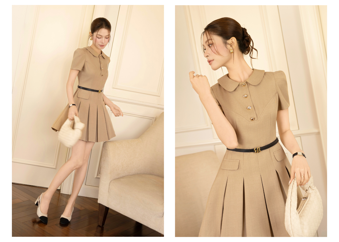 Đầm xòe công sở cotton ngắn dáng A, cổ sen, tay ngắn DAF22A