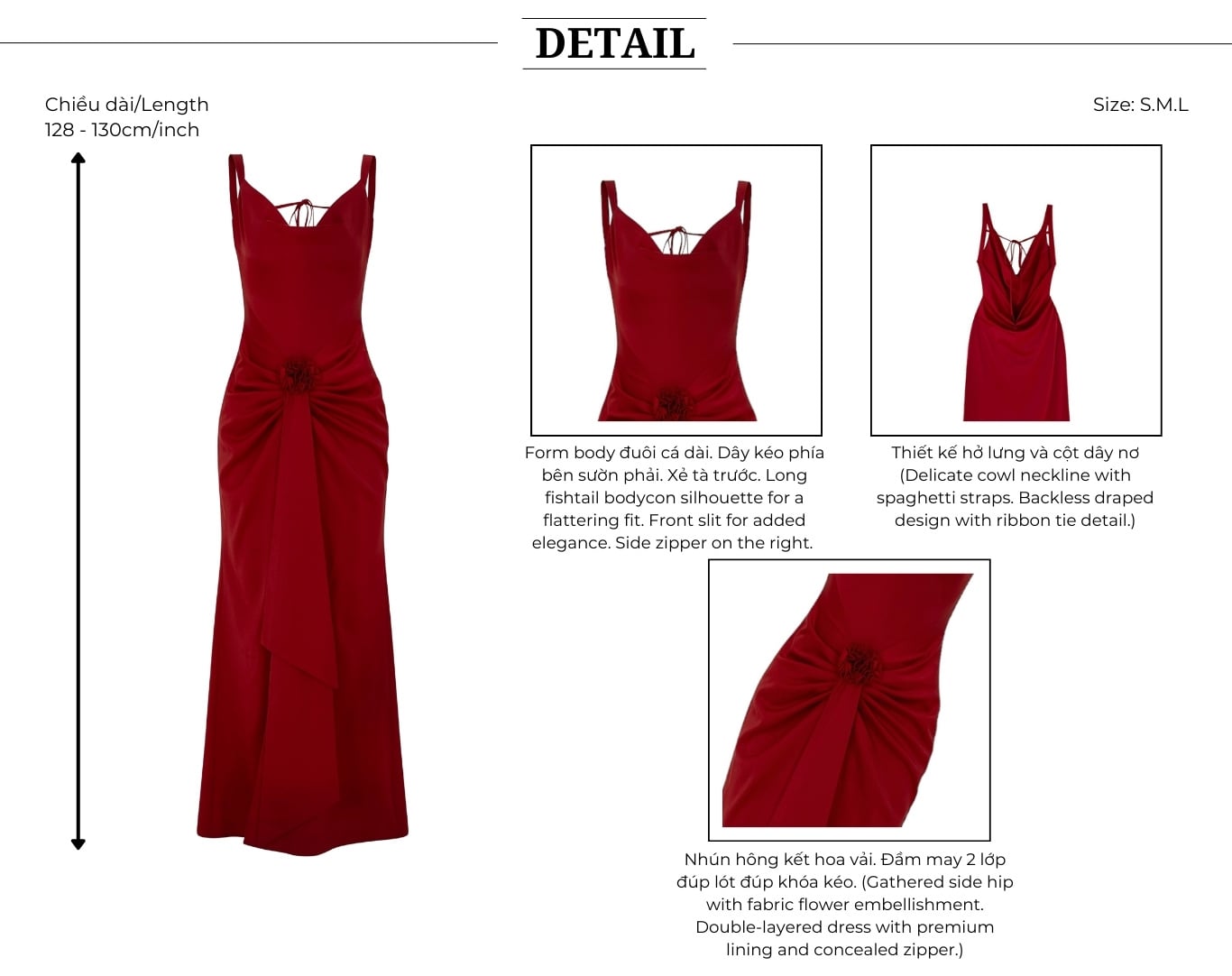 Đầm lụa đuôi cá cổ đổ kết hoa D3531 - Thiết kế chi tiết