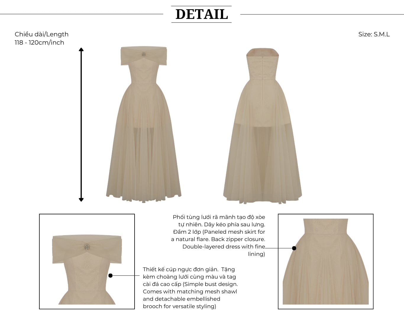 Đầm xòe tiệc ren dài cúp ngực D4526A - Thiết kế chi tiết