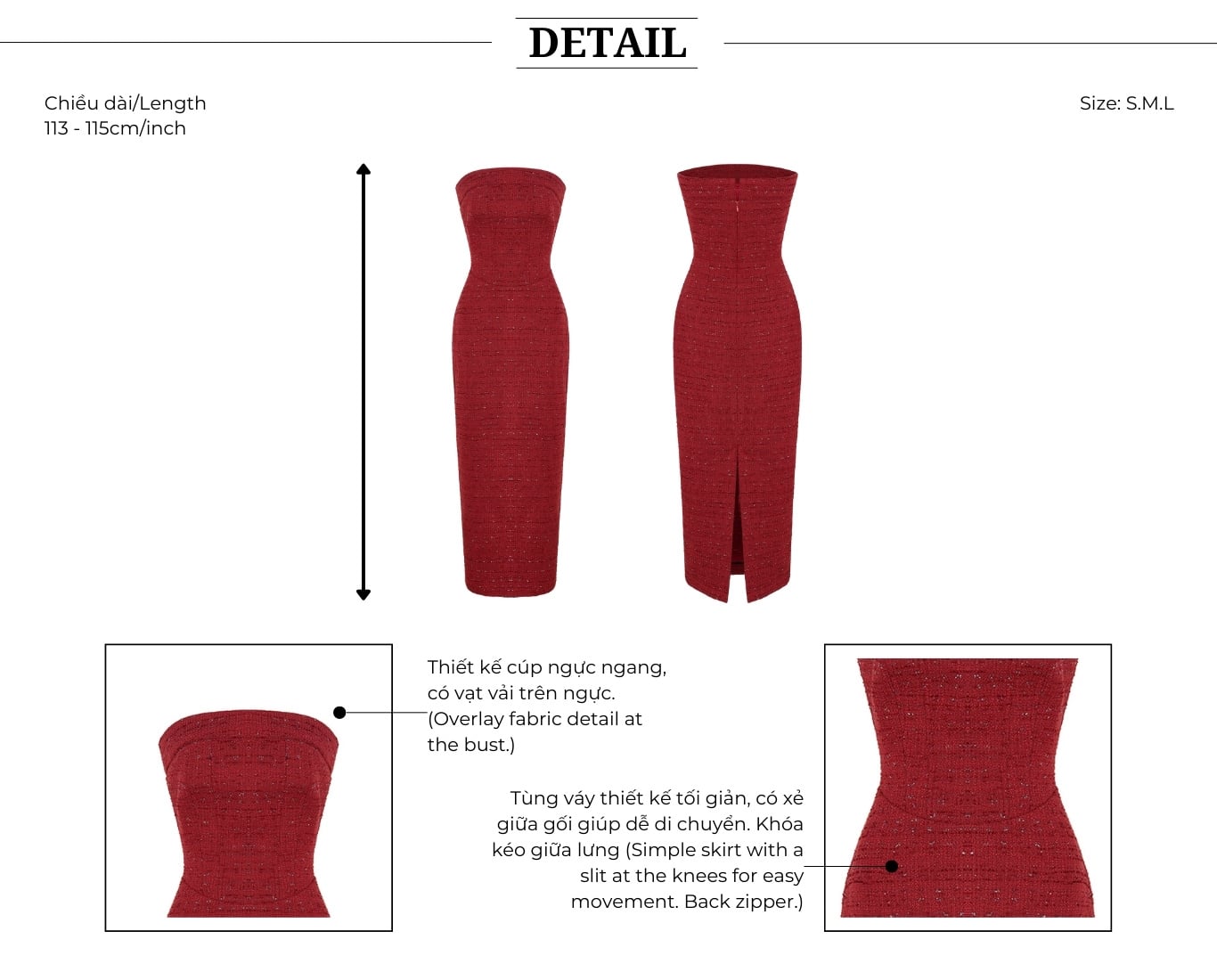 Đầm cúp ngực body tiệc Tweed dài D4589A - Thiết kế chi tiết