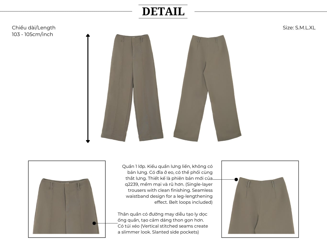 Quần suông công sở dài cotton Q4588H - Thiết kế chi tiết