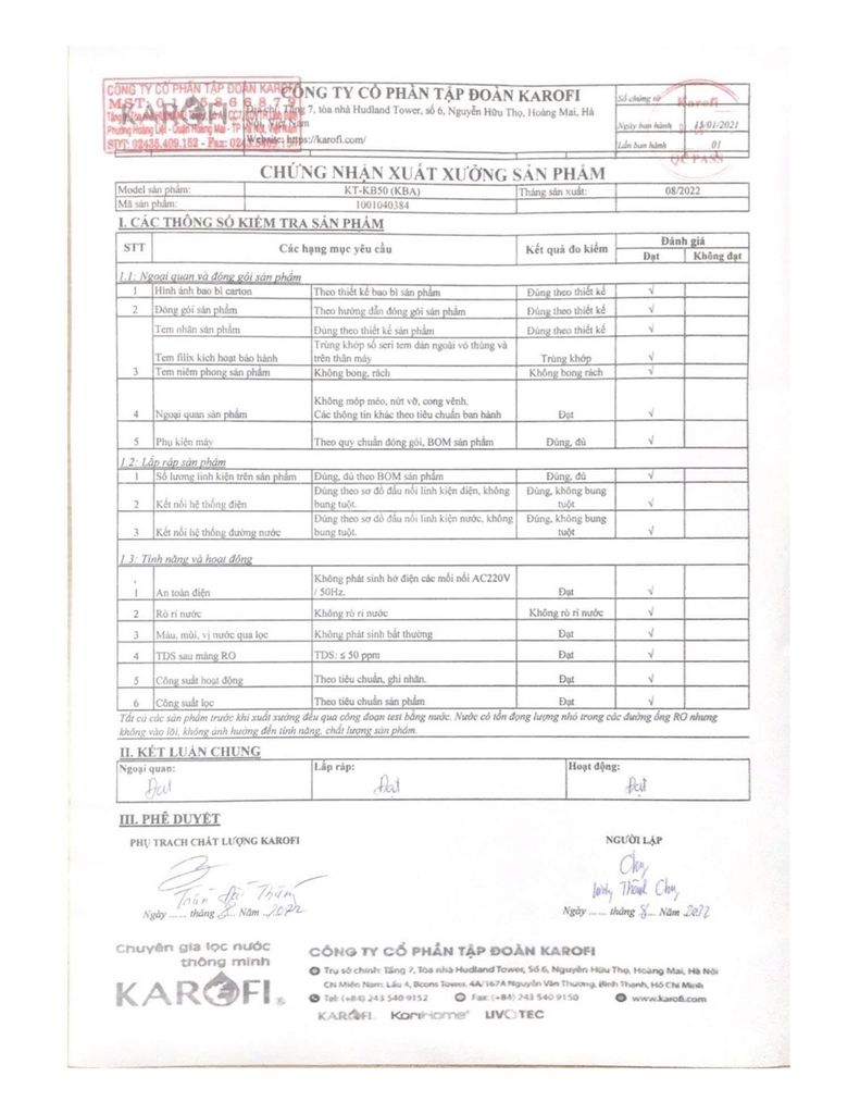 GIẤY CHỨNG NHẬN XUẤT XƯỞNG KB50 - PHƯƠNG NAM WATER
