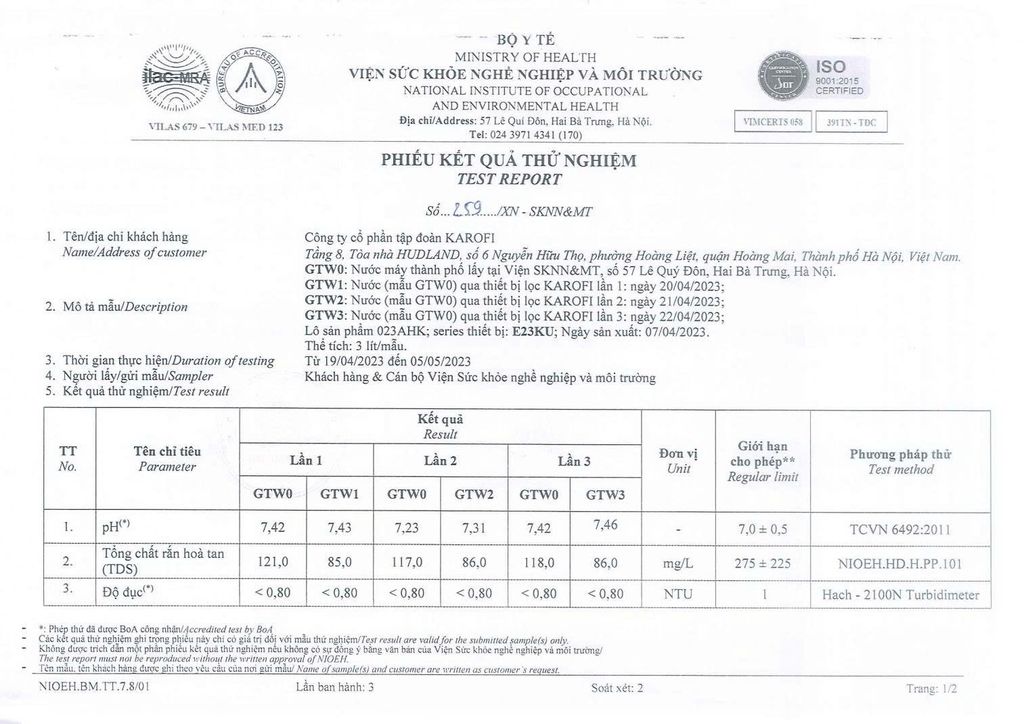 KẾT QUẢ&nbsp; KIỂM NGHIỆM