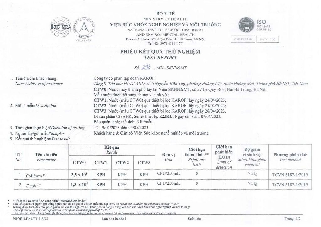 KẾT QUẢ&nbsp; KIỂM NGHIỆM